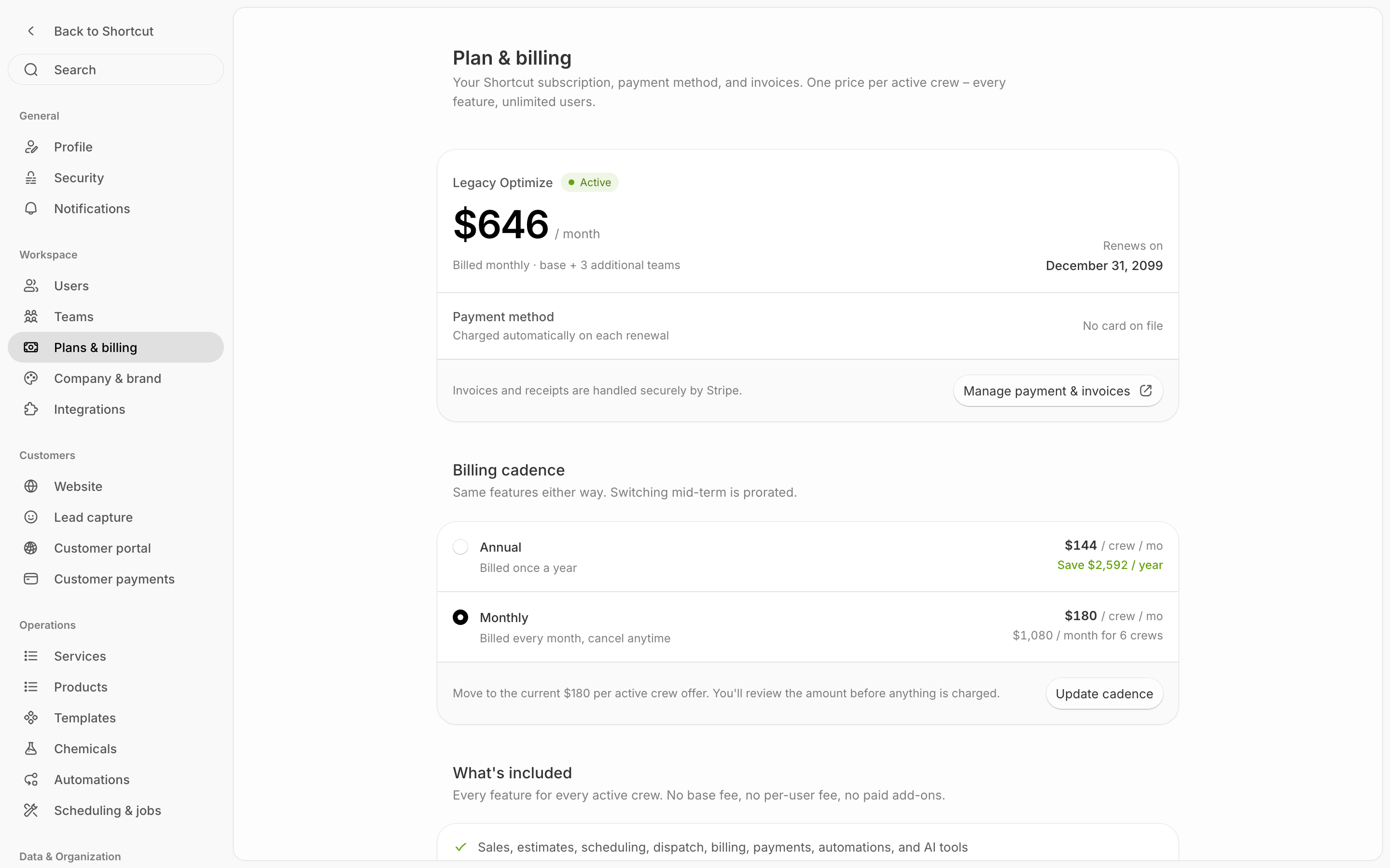 Settings → Plans & billing: the subscription card with the Everything included plan, an Active badge, the yearly total, the Renews on date, the card on file and Manage payment & invoices; below it Billing cadence with Annual and Monthly rows and their per-crew prices, and What's included